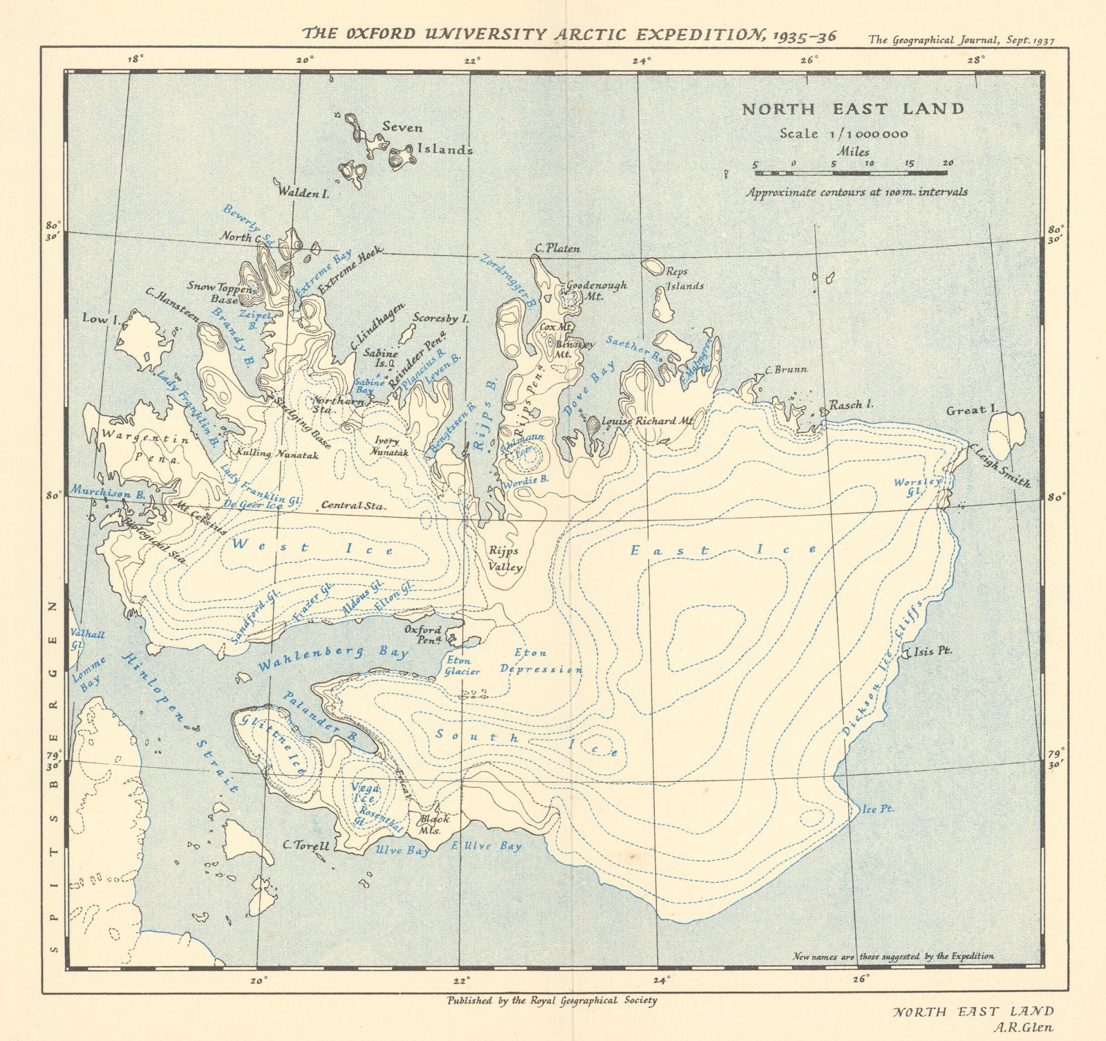 Svalbard. Nordaustlandet/North East Land. OUAE 1935/6 Arctic. RGS/Glen 1937 map